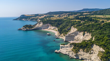 Fototapeta premium A beautiful beach with a rocky shoreline and a cliff overlooking the ocean