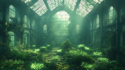 Obraz premium Lush greenery reclaims a sunlit abandoned factory.