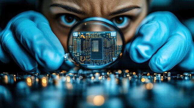 Engineer Examining Microchip with Magnifying Glass for Precision Technology Inspection