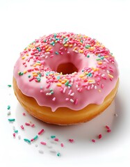 donut with pink icing and sprinkles isolated on white background.