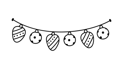 Decorative festive garland with Christmas baubles on a white background. Perfect for season and holiday designs. Vector hand-drawn illustration in doodle style.