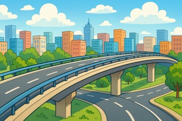 Modern Cityscape with Elevated Highway and Colorful Buildings