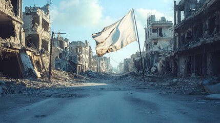 una bandera blanco simbolo de paz y esperanza en medio de las calles en ruinas por la destruccion de la guerra