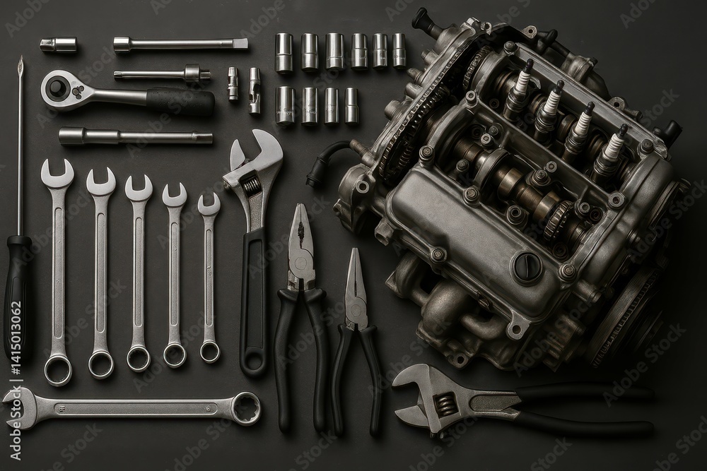 Aufkleber close-up of engine components and mechanical tools on dark background