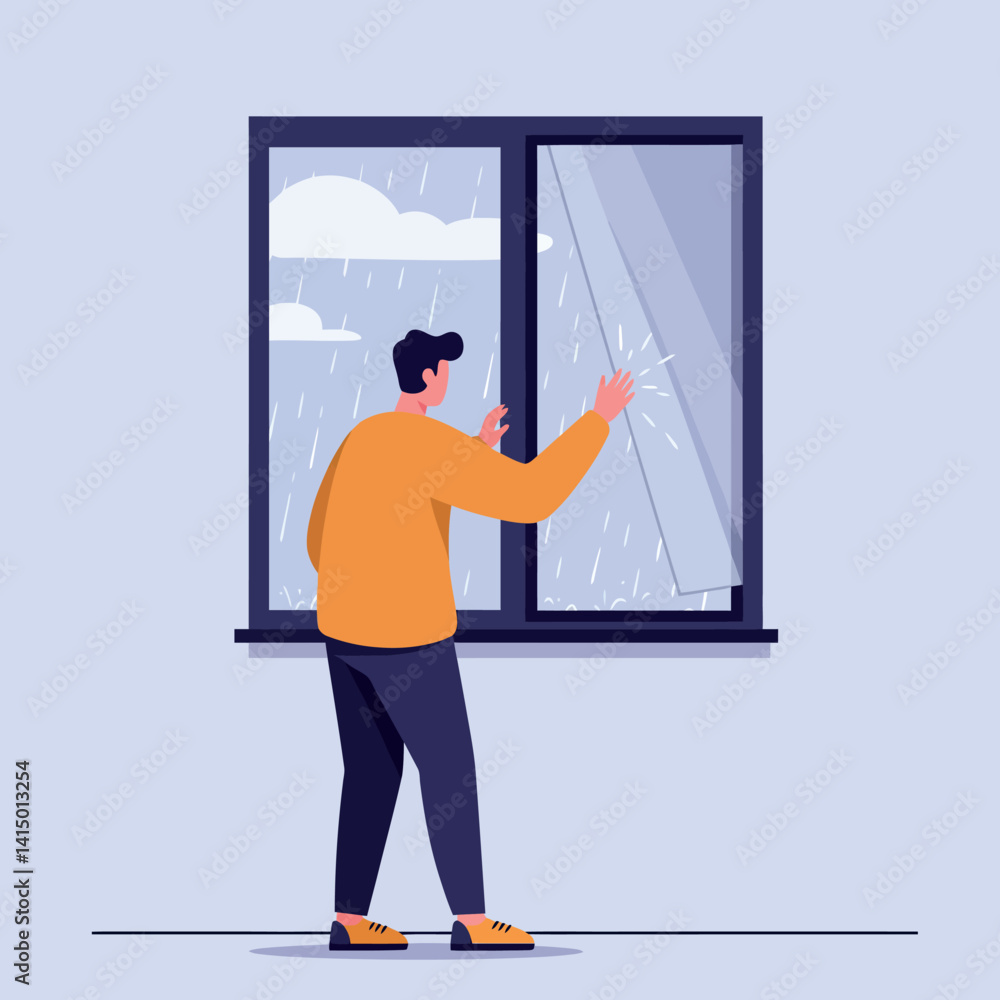 Poster man in orange sweater looking through rainy window with curtain blowing inside minimal flat vector i