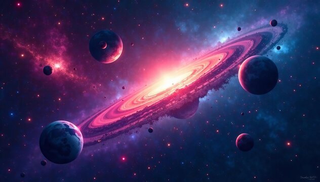 Colorful cosmic galaxy with planets and stars in deep space, deep space, galaxy