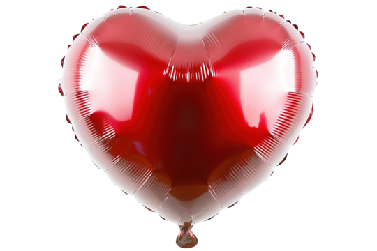Shiny red heart-shaped balloon, metallic texture, floating against a transparent background, symbolising love, celebration, or Valentine's