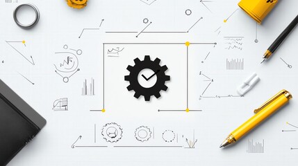 Minimal flat line art checklist with gears, business process vector, black and yellow outline on white