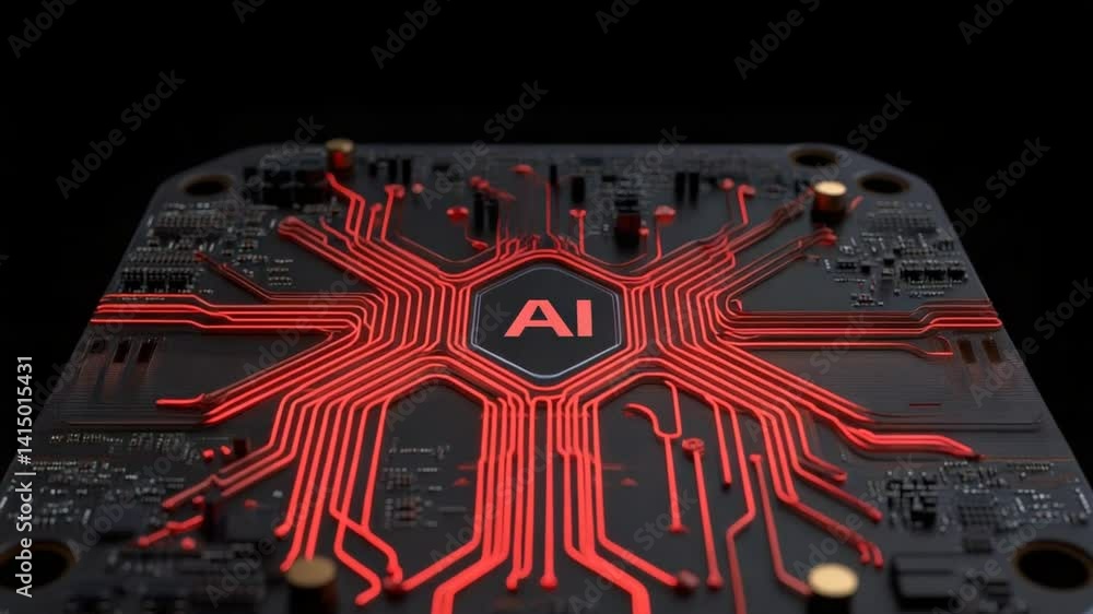 Poster futuristic ai circuit board design with red lines on black background for technology and innovation 