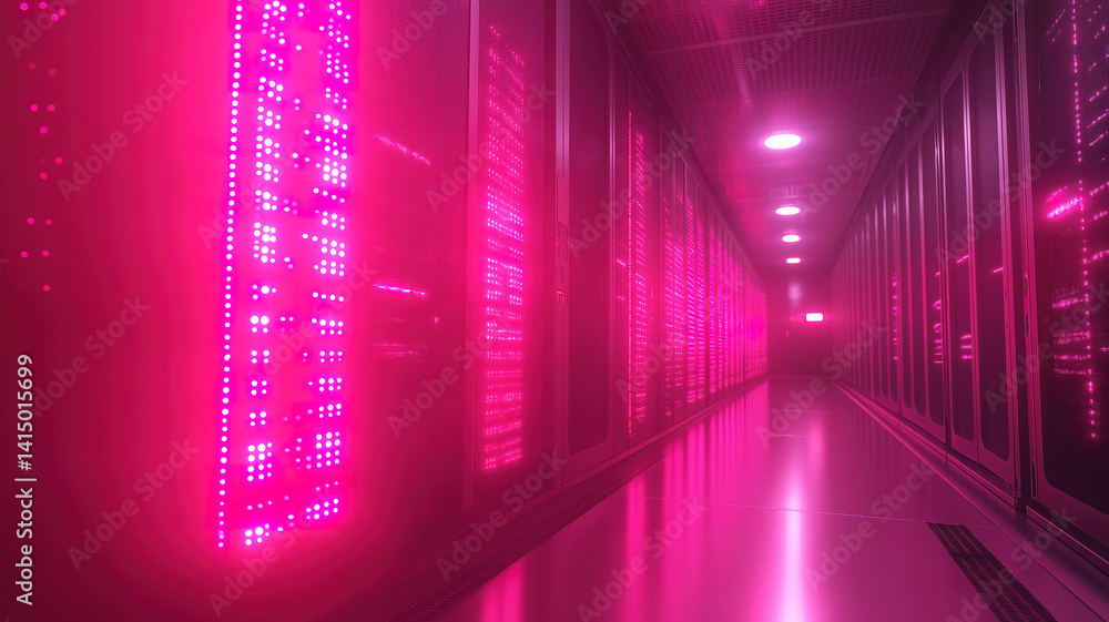 Poster futuristic server rack with blinking lights in supercomputer setup