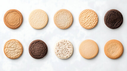 Assorted round cookies in various textures and colors arranged on a light surface . Generative AI
