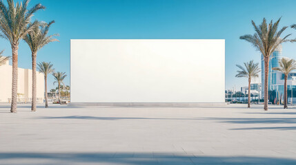 Blank billboard in sunny plaza with palm trees . Generative AI