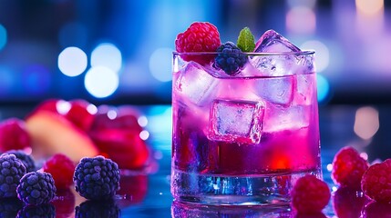 A luxury berry cocktail with glowing ice cubes and radiant fruit garnishes displayed on a reflective table 