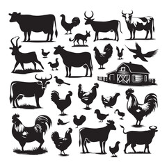 Farm Animal Silhouettes Collection – Livestock, Poultry, Tractor, and Rural Elements Vector Set