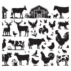 Farm Animal Silhouettes Collection – Livestock, Poultry, Tractor, and Rural Elements Vector Set