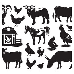Farm Animal Silhouettes Collection – Livestock, Poultry, Tractor, and Rural Elements Vector Set