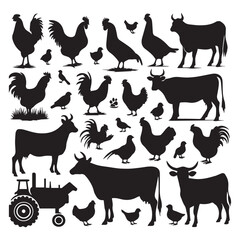 Farm Animal Silhouettes Collection – Livestock, Poultry, Tractor, and Rural Elements Vector Set