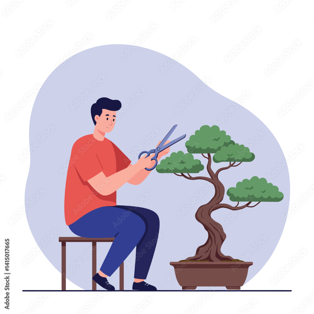 Poster man trimming bonsai tree with scissors sitting on stool minimal flat style vector illustration