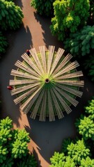 Aerial view of bamboo pavilion surrounded by lush greenery.
