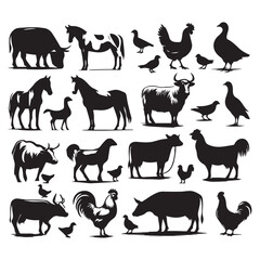 Farm Animal Silhouettes Collection – Livestock, Poultry, Tractor, and Rural Elements Vector Set