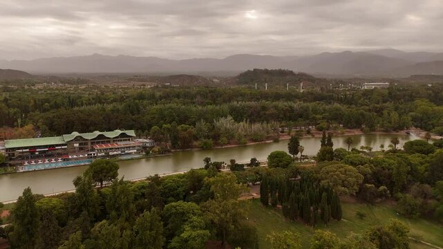 Club Mendoza de Regatas, regatta club, Parque General San Martin, Mendoza in Argentina. Aerial drone panoramic view