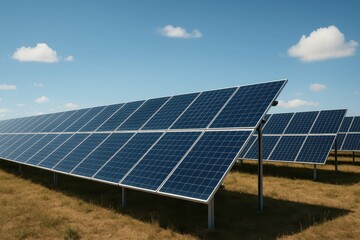 Solar Panels in a Rural Field Under a Clear Blue Sky