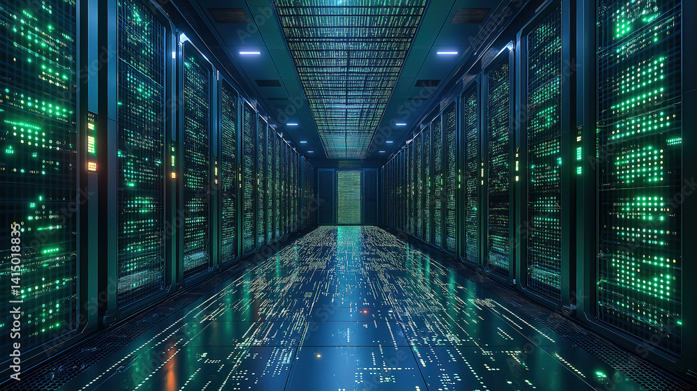 Poster circuit board illustration depicting futuristic server code processing and data management