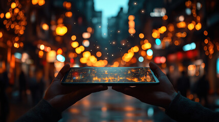 Digital tablet held by a waiter displaying smart city icons and services powered by IoT and AR