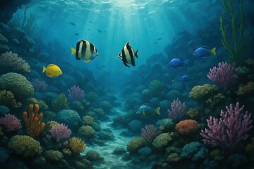 Vibrant Underwater Scene with Colorful Coral and Tropical Fish