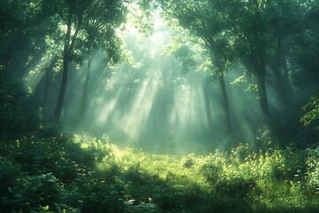 Fototapeta premium Sunlight streams through a verdant forest canopy.