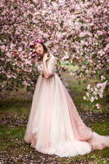Fototapeta premium A young beautiful girl in a beautiful dress in the image of a princess walks in the garden among blooming apple trees on a beautiful spring day