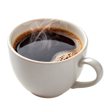 Cup of coffee with steam isolated on transparent background for morning drink visuals