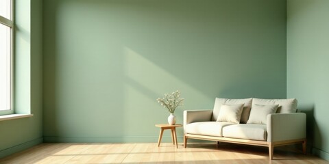 Serene Minimalist Room Interior Design Featuring a Light Beige Sofa and a Small Round Side Table with Simple Flower Arrangement