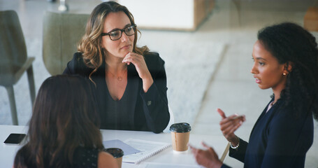 Business people, feedback and women in workplace, planning and discussion for financial report....