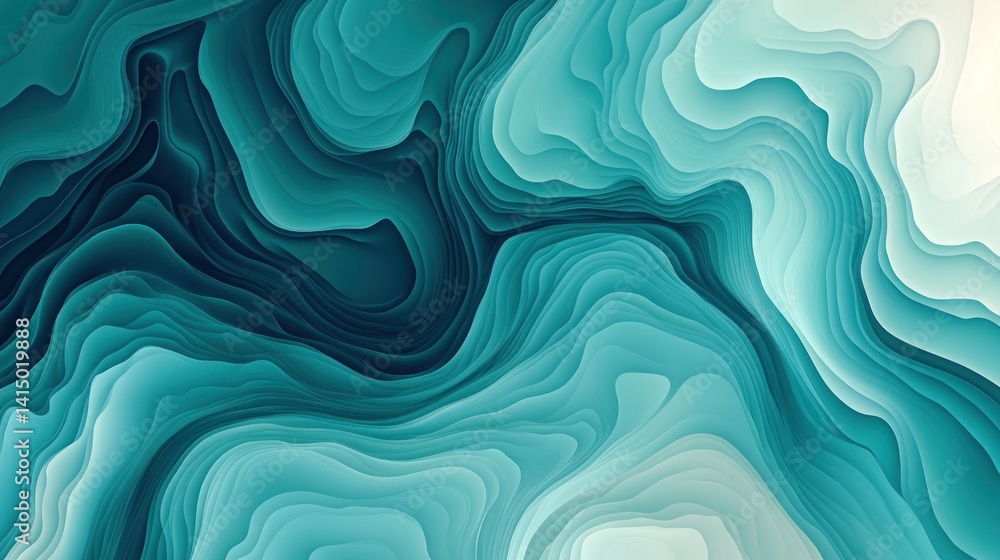 Poster teal and white layered abstract forms create a swirling visual design.