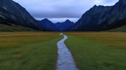 Serene mountain path through a valley.  A paved walkway winds through a grassy meadow, leading into a dramatic mountain range.  Misty, moody light creates a sense of awe and adventure