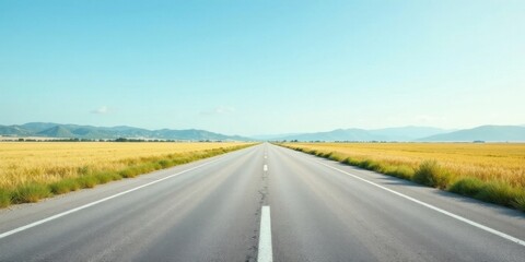 Fototapeta premium Asphalt road cutting through a vast golden field under a clear summer sky, leading towards distant mountains, symbolizing endless journey and open possibilities.