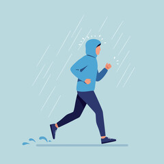 Man jogging in rain wearing blue hoodie and dark pants minimal flat design vector illustration
