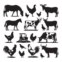Farm Animal Silhouettes Collection – Livestock, Poultry, Tractor, and Rural Elements Vector Set
