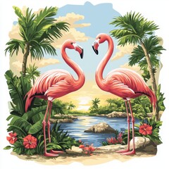 vector of a cute Flamingos by the lake, isolated clear white background