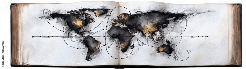 Poster abstract artwork of world map with global education theme and dynamic lines representing connectivit