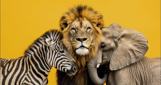 lion king smiling looking at camera and hugs his friends zebra and elephant on yellow background with copy space. concept of conservation wild African animals. welcome to africa cheerful fun banner 4K