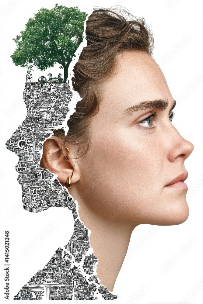 Poster visual representation of inner thoughts through double exposure with nature and human elements