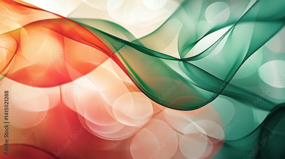 Poster flowing waves in vibrant shades of red and green create an abstract design with a soft bokeh effect.