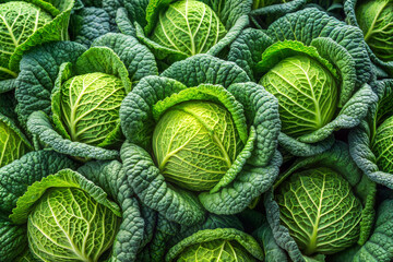 Fototapeta premium Close-up of vibrant green savoy cabbage heads with textured leaves, ideal for healthy food and vegetable backgrounds.