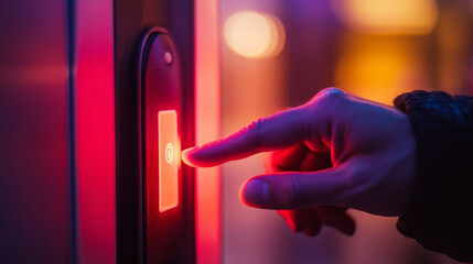 Naklejka premium Elevator button press modern building urban environment nighttime close-up perspective technology and connectivity