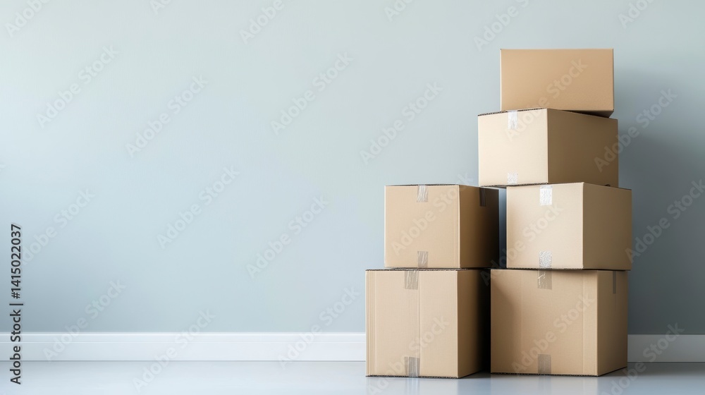 Poster stack of cardboard boxes against a light grey wall in an empty room.
