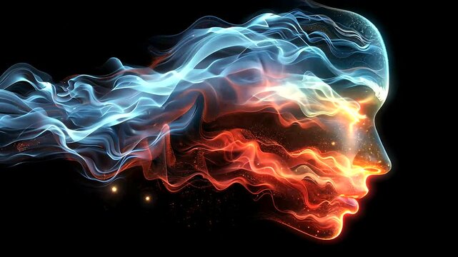 Fiery, icy face profile, abstract art, dark background, design