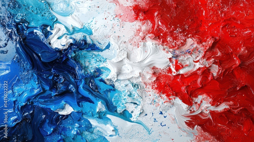 Poster dynamic swirls of red, blue, and white intertwine to create an energetic abstract composition. the b