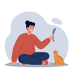 Young woman with dark hair playing with orange cat using feather toy in casual flat style vector illustration